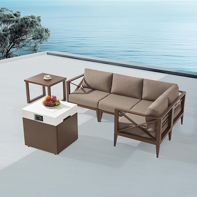 MBY Aluminum Patio Sectional Set with Fire Pit Table – 4-Seat Outdoor Conversation Sofa Set with Corner Seat & 37,000 BTU Gas Firepit, Glass Wind Guard, Weather-Resistant – Brown