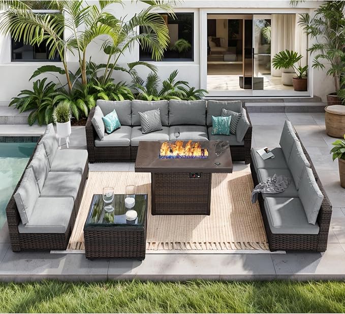 Patio Furniture Set 12 Pieces with 44" Fire Pit Table, Rattan Outdoor Sectional Conversation Sets, All Weather Outdoor Furniture Set with Cushions for Garden Lawn Balcony Porch Deck Grey