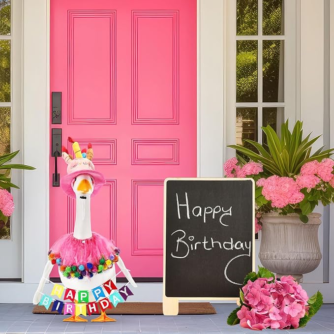 Abbylike 4 Pcs Happy Birthday Porch Goose Outfit for 23" Statues Poseable Porch Goose Wings Birthday Cake Hat for Lawn Patio Outdoor Geese Statue Decoration Accessories(Pink,Gauze Skirt Style)