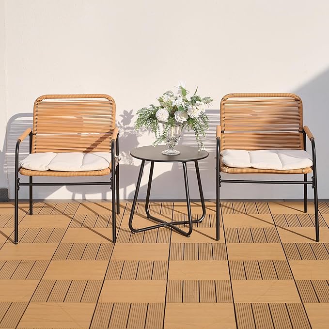 3-Piece Outdoor Wicker Patio Bistro Set, All-Weather Rattan Conversation Set, Patio Furniture Set with with Table & Cushions for Deck, Balcony, Poolside, Porch and Yard, Beige