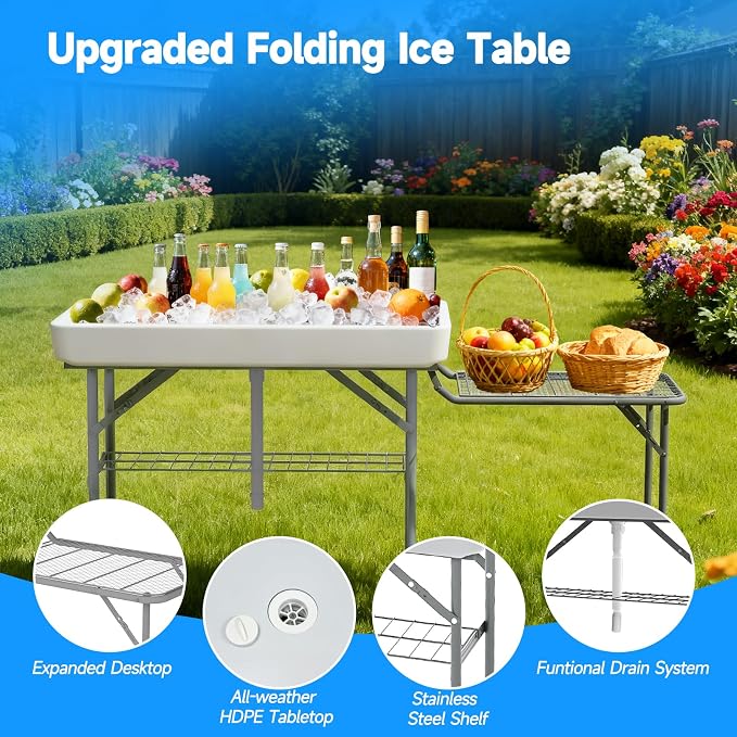 Folding Ice Cooler Table with Metal Side Desktop, Skirt &Drain Hose Plastic Chill Table to Keep Drinks Cool, Portable Self-Serving Beverage Cooling Bar for Parties, Picnics, Barbecues(White