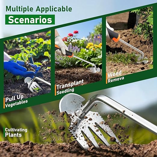 Manual Weed Puller Tool, 4 Teeth Heavy-Duty Manganese Steel Weeding Tool, Rust-Proof Stainless Steel Garden Weeder, Ergonomic Handle Portable Weed Remover for Lawn, Farm, Vegetable & Flower Gardening