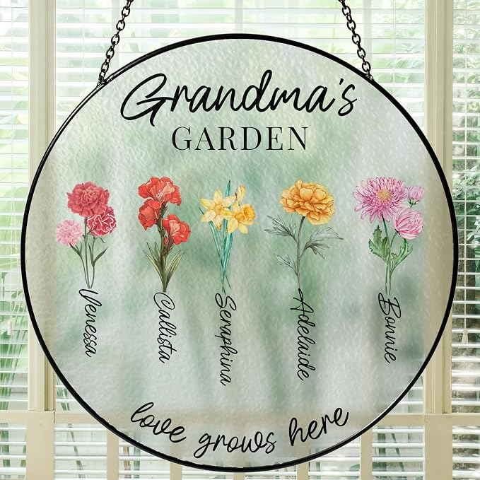 Personalized Grandma's Garden Window Hanging Suncatcher - Birth Month Flowers Garden Gift for Mom, Grandma - Mother's Day, Birthday Gift