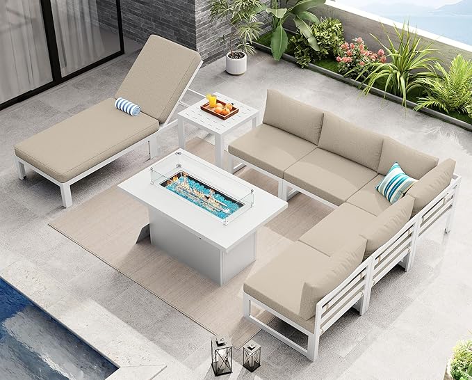NICESOUL 8 Piece Modern Aluminum Outdoor Patio Furniture Set with Lounger & Fire Pit Table, Extra Large All-Weather Modular Sectional Couch, 29" Wide Deep Seating Conversation Sofa for Poolside, Beige