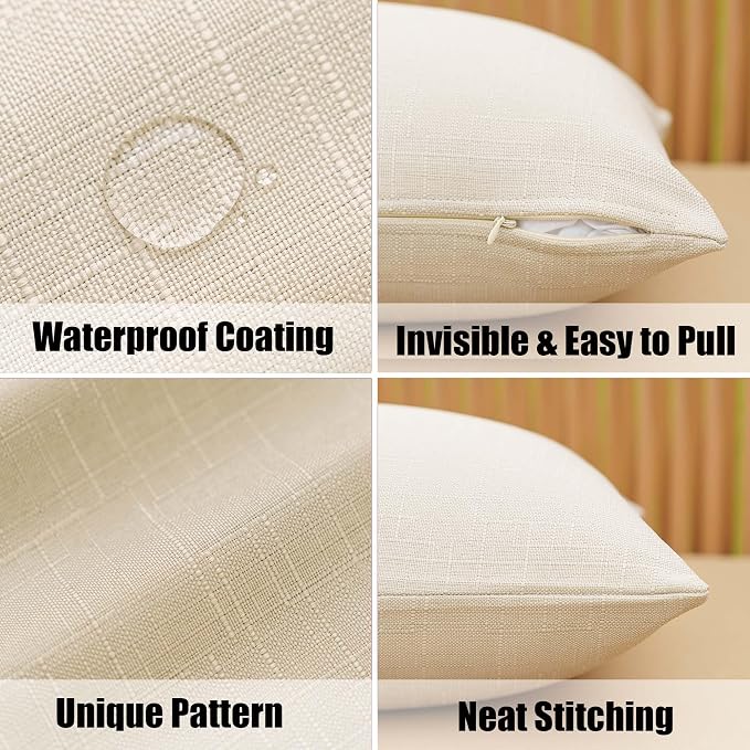 NiNi ALL Pack of 2 Decorative Outdoor Waterproof Pillow Covers Square Garden Linen Textured Cushion Sham Throw Pillowcase Set of 2 for Patio Farmhouse Garden Tent Couch 26x26 Inch Beige