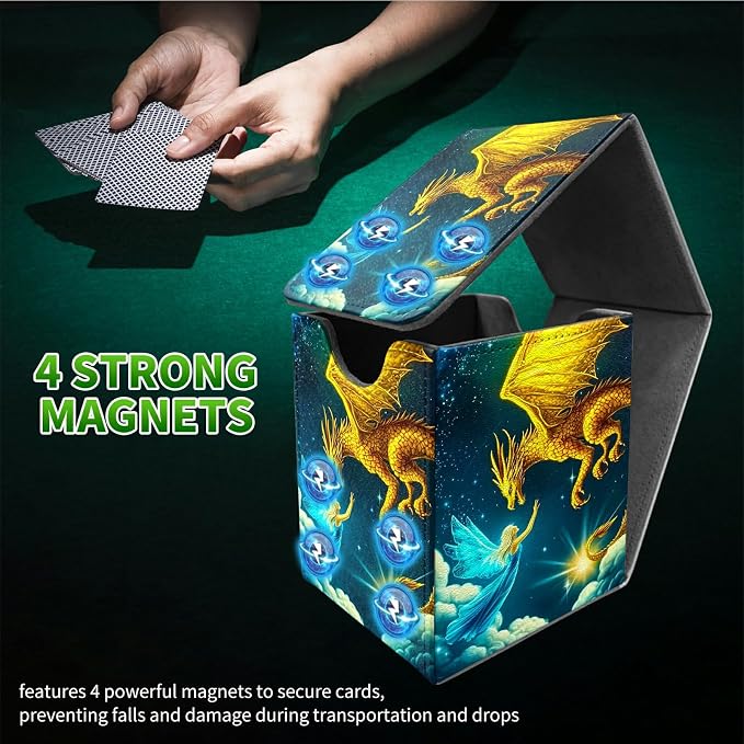 Deck Box for MTG, Cards Storage Box Fits 120+ Sleeved, Leather Medium Size Strong Magnetic Closing Card Case for Board Games Magic TCG CCG Baseball Collection, Yellow Dragon Girl