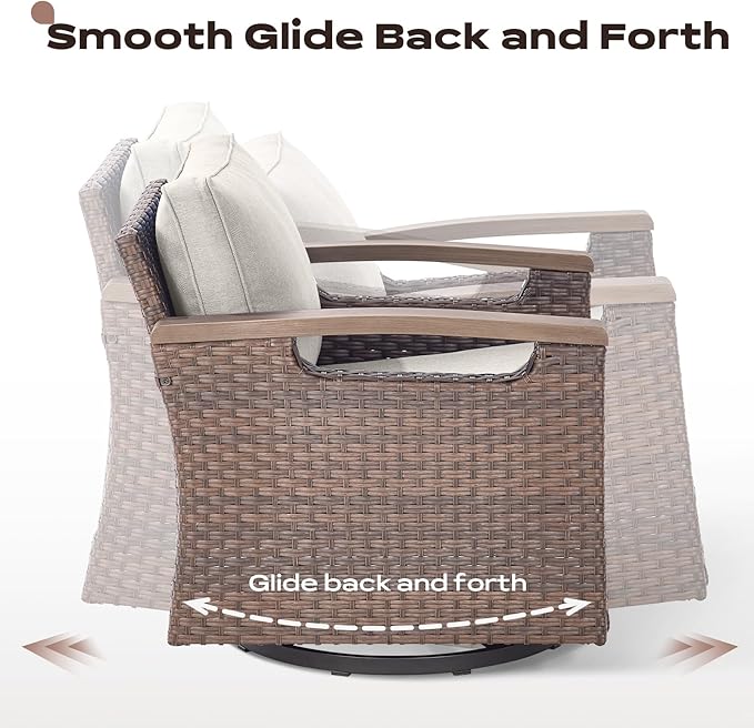 Rilyson Wicker Outdoor Patio Furniture Set - 5 Piece Patio Conversation Sets with Swivel Rocker Chairs, Ottomans and Side Table, Thick Cushions, Waterproof Wicker, for Porch Deck Brown/Beige