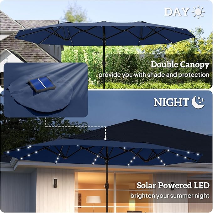 Outsunny 14.4ft Large Patio Umbrella with 36 Solar LED Lights, Double Sided Outdoor Umbrella with Base Included
