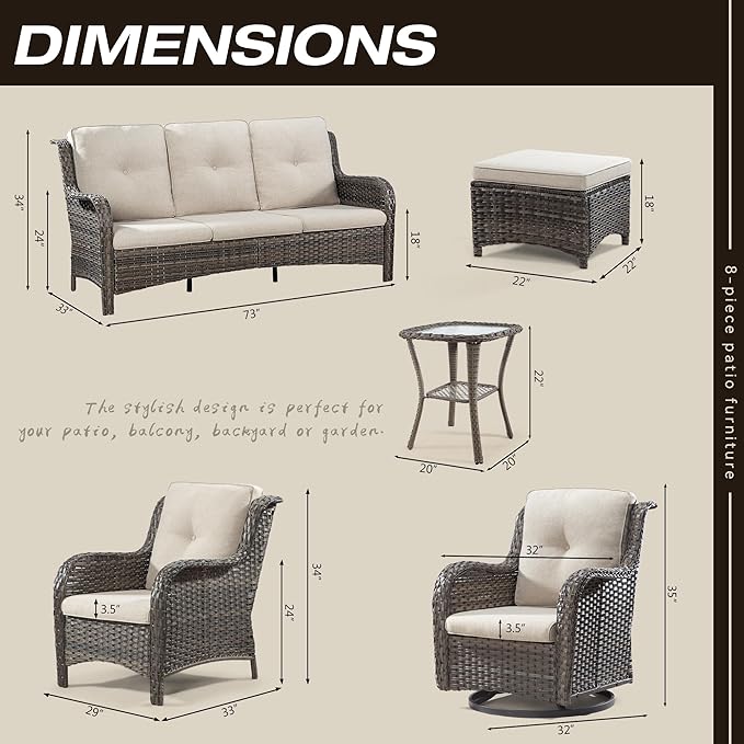 Wicker Patio Furniture Sets 8 Pieces with 3-Seat Sofa, 2 Swivel Rocking Armchairs, 2 Armchairs, 2 Ottoman and 1 Side Table Wicker Outdoor Furniture Sectional Conversation Set, Beige