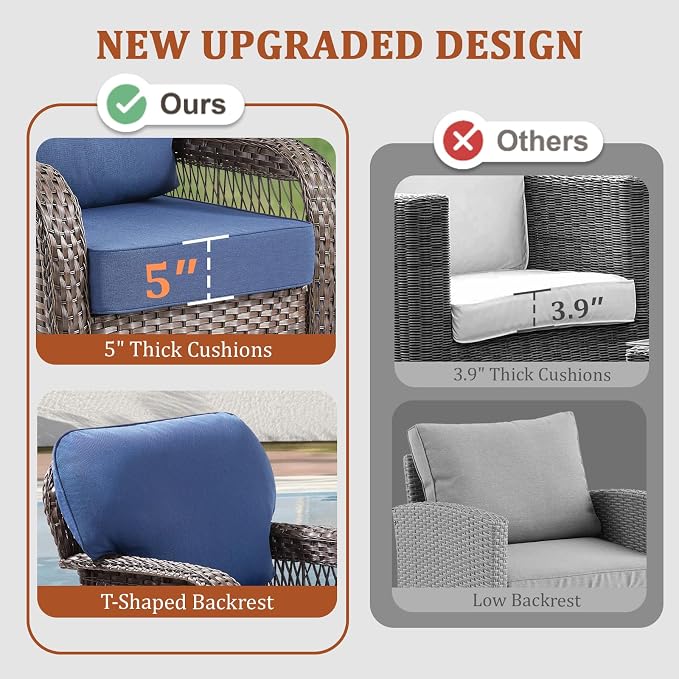 Patio Furniture Set with Fire Pit Table - 7 Pieces All-Weather Wicker Outdoor Furniture with High Back Swivel Chairs Set of 2 Outdoor Couch & Side Table for Deck Balcony Backyard Blue