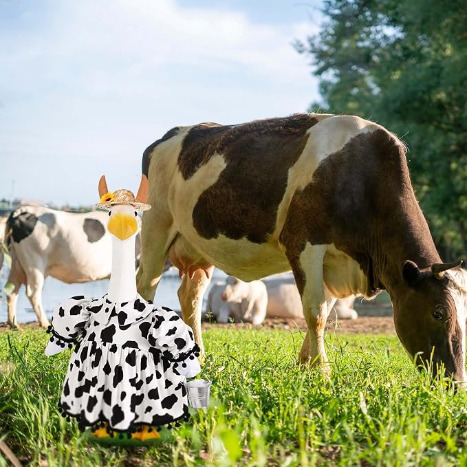 Honic Cow Porch Goose Outfits Funny Farmhouse Goose Costume with Dress Hat and Mini Milk Bucket for 23 Inch Cement or Plastic Goose for Spring Summer Outdoor Garden Yard Patio Lawn Decor