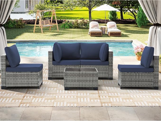 CANMOV 5 Pieces Patio Furniture Sets, All Weather Outdoor Patio Conversation Set, PE Wicker Rattan Sectional Sofa Couch Glass Coffee Table Washable Cushions for Backyard, Porch, Poolside, Navy Blue