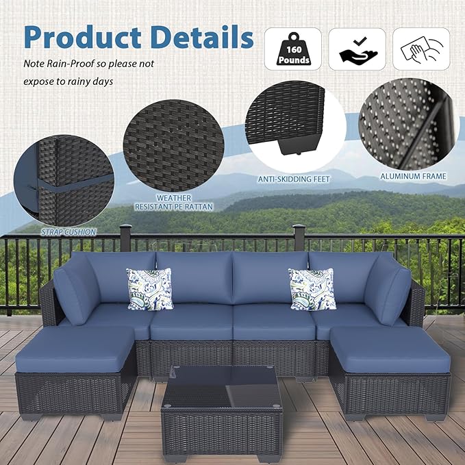 AECOJOY 7 Piece Outdoor Patio Furniture Set, Outdoor Sectional Conversation Furniture Chair with Coffee Table, Patio Sectional for Backyard, Garden(Navy Cushions and Black Rattan)