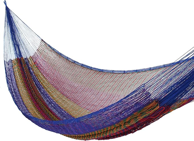 NOVICA Artisan Crafted Patterned Blue and Bright Mayan Hammock | Woven Nylon | Long Lasting Colorfast | Cotton Trim | Steel Hooks | 'Tropical Passion' (2 Person) | 7.2' W x 12.8' H