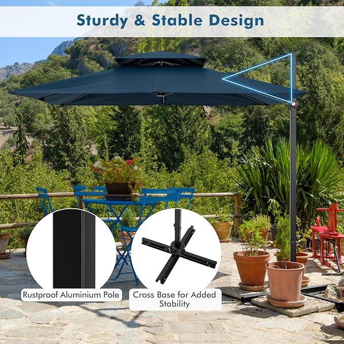 Tangkula 9.5 FT Cantilever Patio Umbrella, Outdoor Square Offset Umbrella with 360° Rotation, Double Top Heavy Duty Patio Hanging Umbrella with Cross Base for Garden Deck Pool Backyard (Navy)