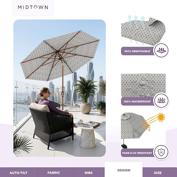 Midtown Umbrellas Wooden 2-8 Ft Patio Umbrella with 360° Swivel & Tilt Mechanism, 8 Fiberglass Ribs & Sunbrella Fabric - Outdoor Umbrella for Deck, Pool & Garden - Burgundy Canopy, Wooden Pole