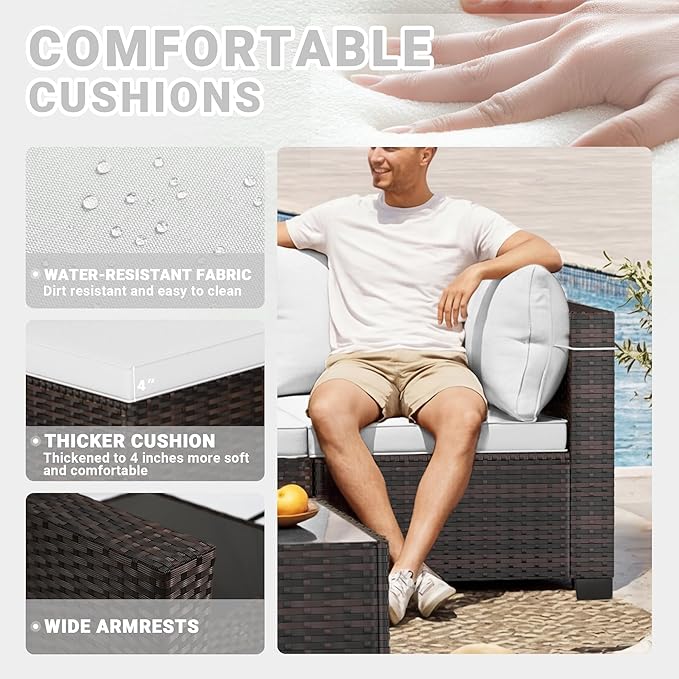 LEVELEVE 7 Pieces Outdoor Patio Furniture Sets,Rattan Conversation Sectional Set,Manual Weaving Wicker Patio Sofa with Tea Table