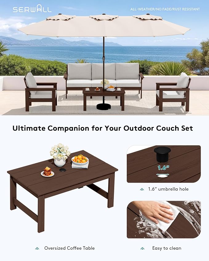 SERWALL HDPE Patio Coffee Table, Rectangle Outdoor Coffee Table, All-Weather Coffee Side Table for Balcony, Poolside, Deck, Garden, Coffee Brown