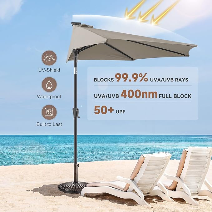 FLAME&SHADE 9 FT Solar Half Patio Umbrella with 25 LED Lights, Half Outdoor Umbrella with Button Tilt, Half Round Table Umbrella For Deck, Backyard, Balconies, Decks, Rvs, UV Protection (Taupe)