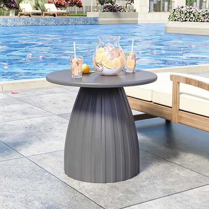 Round Metal Outdoor Patio Side Table, Steel Outdoor Accent Table, Small Patio End Table, for Garden, Pool, Yard, Balcony, Living Room, Deck, Weather Resistant, No Assembly, Grey