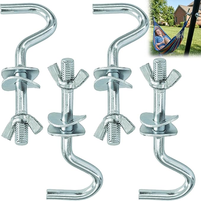 4 Pack Heavy Duty Hammock Hooks, Galvanized Metal Replacement Hardware for Hammock Stand, Fits 1-1/4 to 2 Inch Poles, 3/8 Inch Diameter S-Hooks for Indoor Outdoor Patio Swing & Chair （Silver）