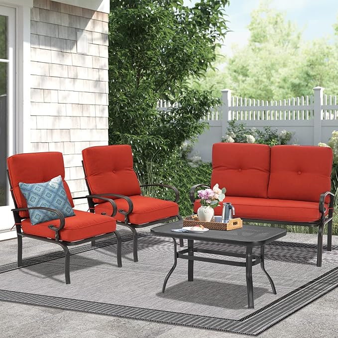 Incbruce 4Pcs Outdoor Metal Furniture Sets Wrought Iron Patio Furniture Conversation Set (Loveseat, Coffee Table, 2 Chairs) - Steel Frame Patio Seating Set with Red Cushions
