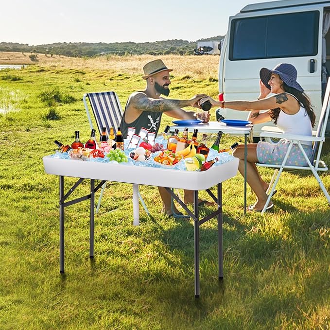 LDAILY Cooler Table, Outdoor Beverage Ice Tables for Parties with Drain, 3” Deep Sink, Removable Matching Skirt, Portable Folding Fish Cleaning Table for Camping, Picnic, Wedding, BBQ, Buffet (White)