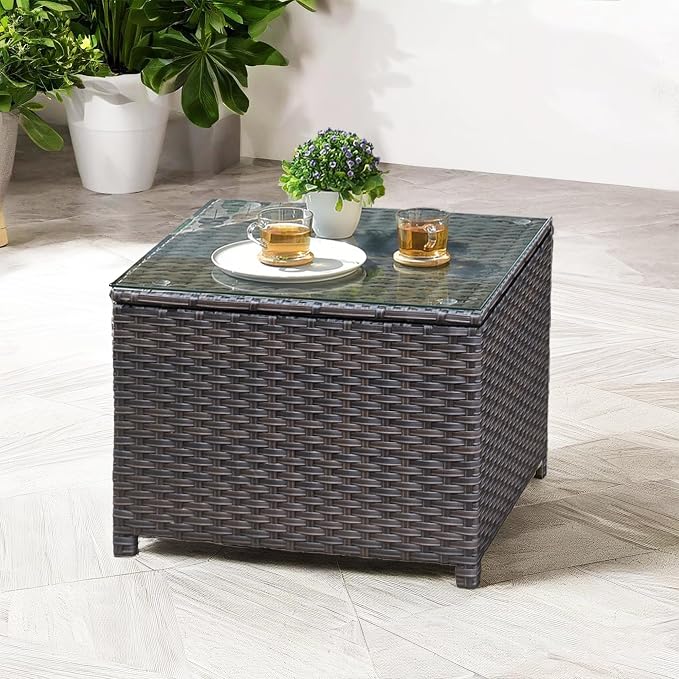 ovios Outdoor Side Table with Tempered Glass Top, Patio Wicker Coffee Table, Rattan Bistro End Table for Porch Deck Balcony Garden Poolside, Brown