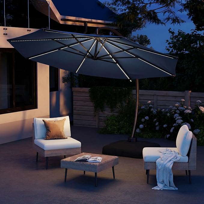 ENSTVER 11FT Solar Powered LED Light Cantilever Patio Umbrella With Base Included, Round Large Aluminum Outdoor Cantilever, Heavy Duty Offset Umbrella with 360°Rotation for Pool, Deck, Backyard