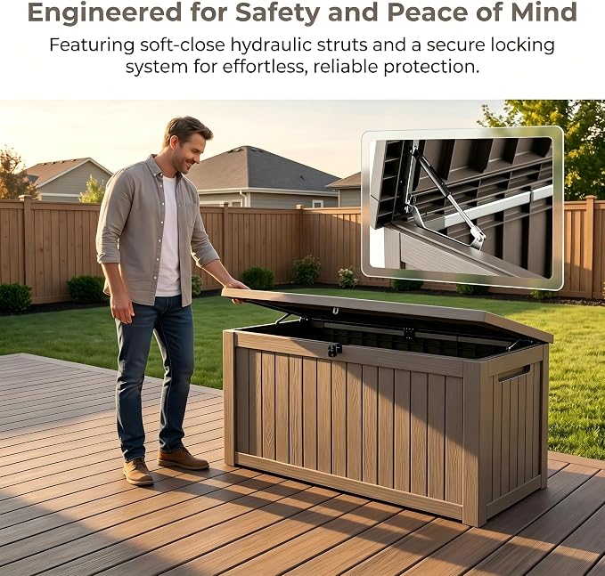 146 Gallon Deck Box, Waterproof Outdoor Storage Box, Lockable Resin Patio Storage Box for Cushions, Garden Tools & Pool Accessories, Heavy Duty Outdoor Storage Bench, Gray Brown