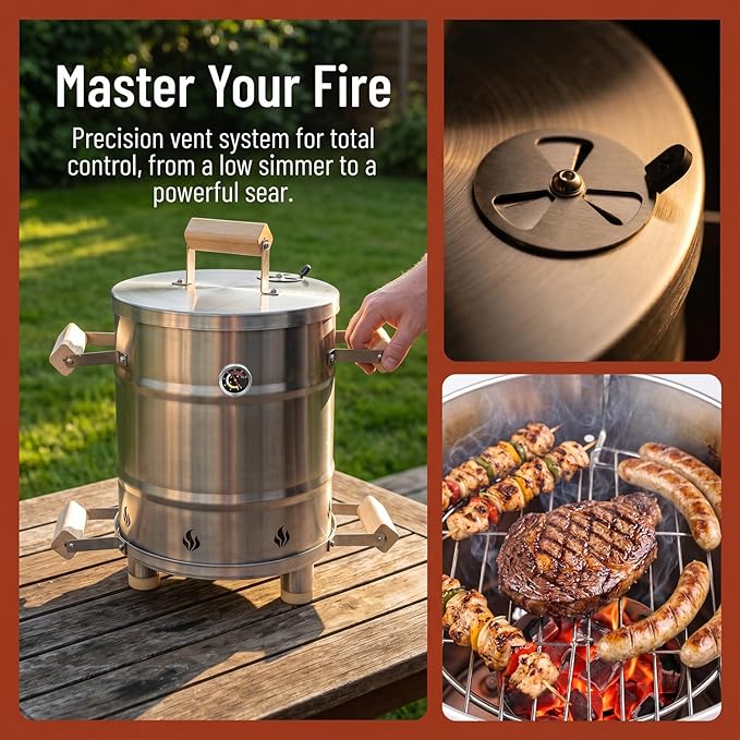 Mini Vertical Barrel Smoker & Grill Combo (6 LBS) | Food-Grade 304 Stainless Steel with Meat Hooks & Grate | Safe Rolled-Edge Design | Portable Charcoal Meat Roaster for Balcony & Backyard