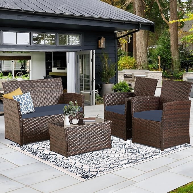 4 Piece Patio Furniture Set, Outdoor Wicker Conversation Set, Rattan Sectional Sofa Couch with Glass Coffee Table & Thick Cushion for Backyard, Porch, Garden, Poolside, Brown/Blue