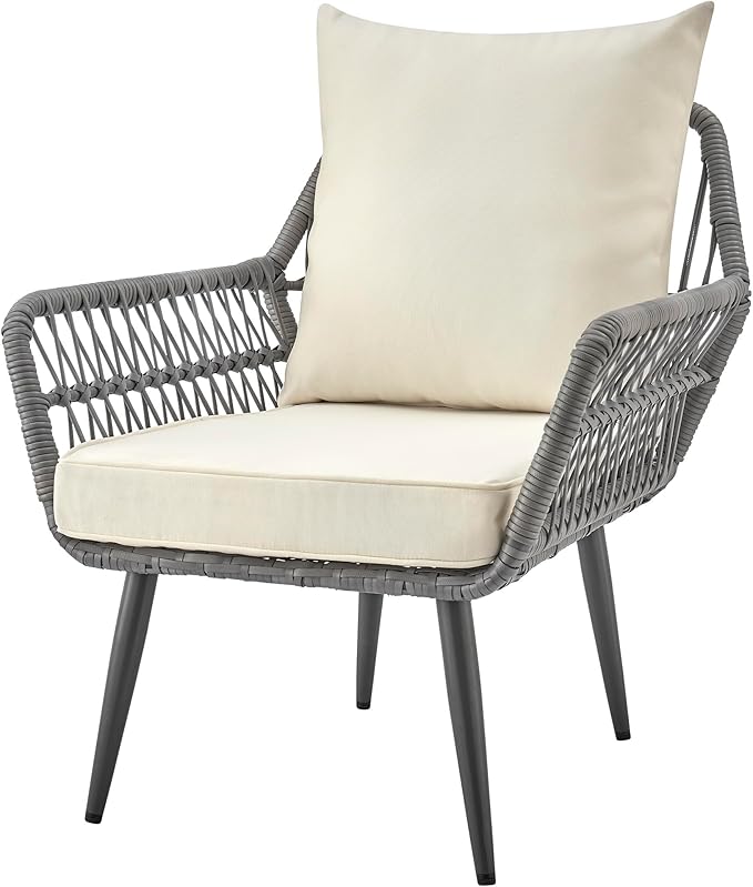 Manhattan Comfort Cannes 3-Piece Patio Conversation Set, Outdoor Furniture | Includes Modern Cushioned Rope Wicker Chairs & End Table, Removable & Washable Cushions, Tempered Glass Tabletop, Cream