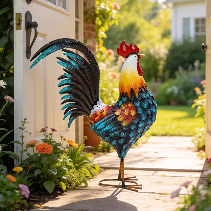 32" Majestic Metal Rooster Yard Decor, Large Outdoor Garden Statue | Outdoor Chicken Sculpture, 3D Hand-Painted, Rustic Farmhouse Style, Weather-Resistant Iron, Backyard Patio Lawn Garden
