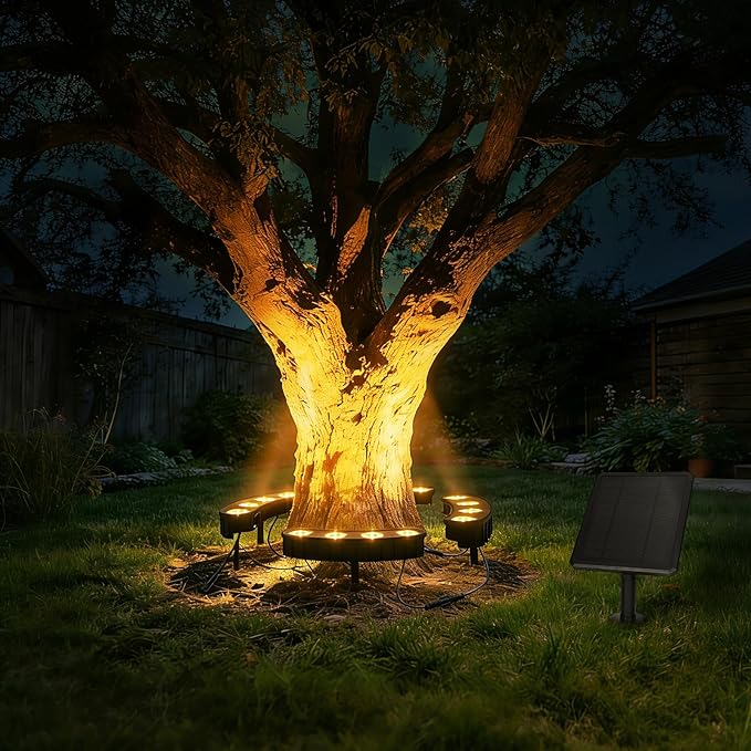 Sublume Solar Tree Lights Outdoor, Palm Tree Lights, Large Solar Panel with 4000mAh Battery, Ring Warm White LED Uplights for Tree, 3-in-1 (Stake/Tie/Hang), IP65 Waterproof, Tree Spotlights for Garden