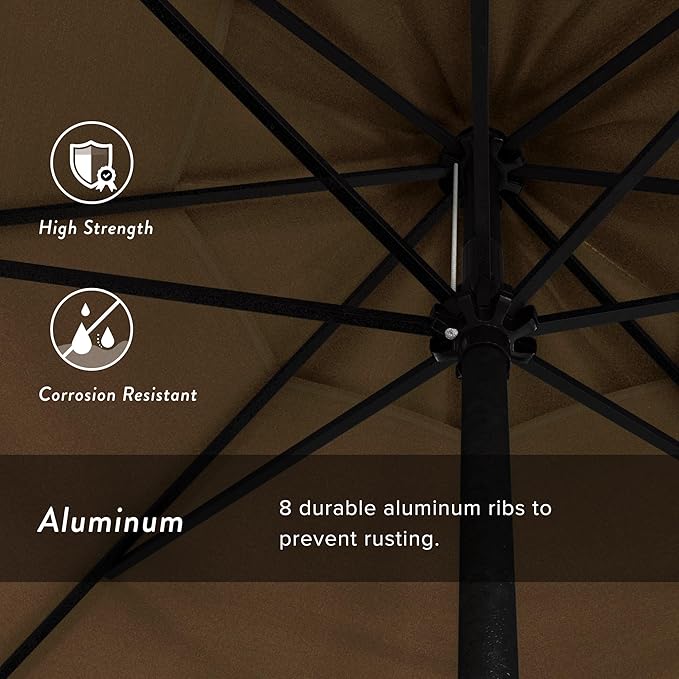 California Umbrella 12-Year Protection 9' Rd Aluminum Patio Umbrella, Crank Lift, Auto Tilt, Black Finish, Sunbrella Heather Beige