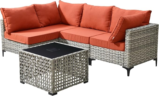Outdoor Patio Furniture Sets,5 PCS Patio Conversation Set Outside Rattan Sectional Sofa with Coffee Table Fit Backyard Porch Garden Poolside Balcony