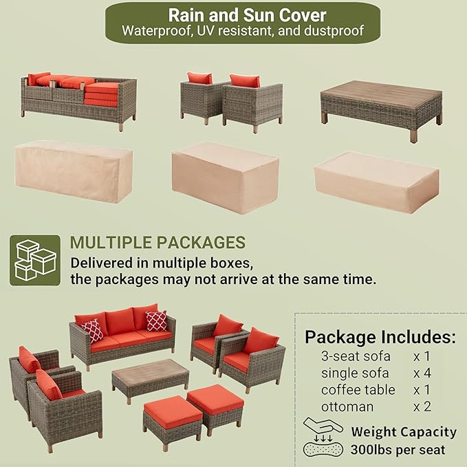 8 Pieces Patio Furniture Sets with Metal Top Coffee Table, All Weather Wicker Rattan Sectional Sofa Outdoor Furniture Conversation Set for Porch, Poolside, Garden, Backyard. (Red)