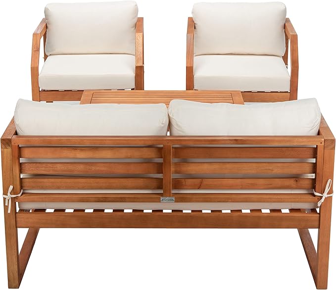 SAFAVIEH Outdoor DREN Natural Brown 4-Piece Set - Beige Seat Cushions Included