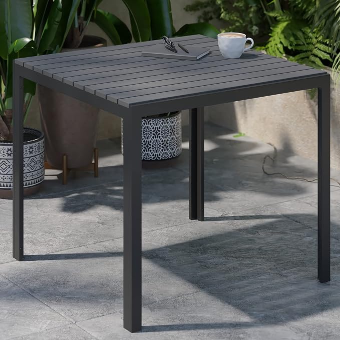 Flash Furniture Harris Commercial Indoor/Outdoor Patio Table - Black Poly Resin Slatted Top - Black Steel Frame - Seating for 4