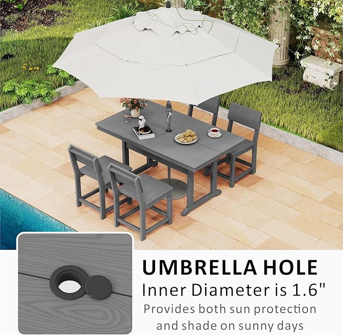 5-Piece HDPE Outdoor Patio Dining Set,Modern Plastic Dining Sets，Patio Table and Chairs Set with Umbrella Hole Cut-Out Table and 4 Chairs Gray