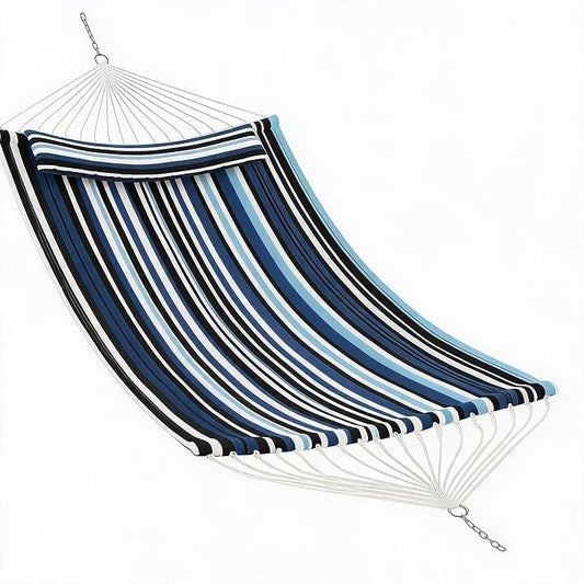 Garvee 2 Person Outdoor Hammock with Stand, Cotton Rope Hammock with Polyester Pad, Arc-Shaped Adjustable Steel Frame, 2-in-1 Hammock for Patio, Backyard, Garden, Beach （Dark and Light Blue Stripes）