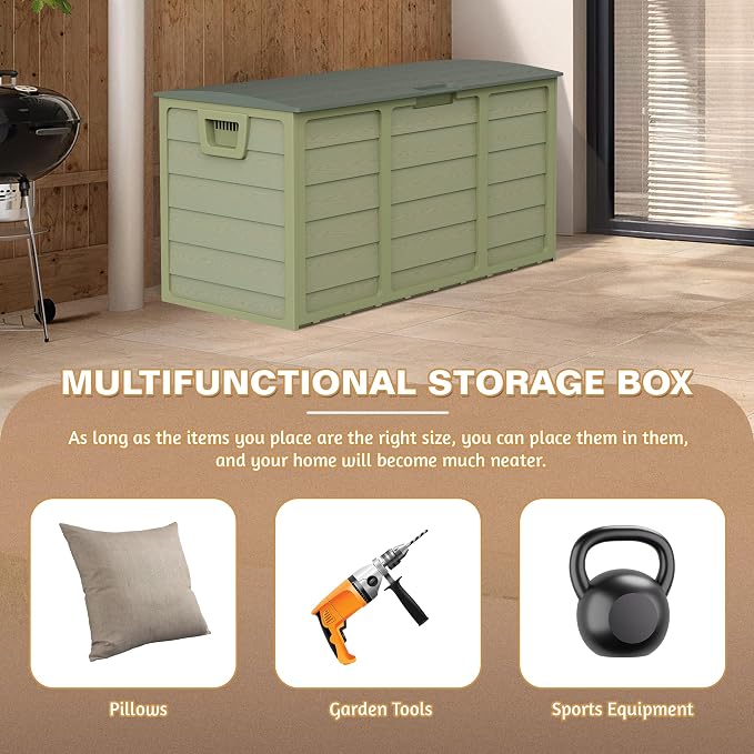 SUNCROWN 75 Gallon Deck Storage Box Resin Outdoor Storage Container with Handles for Patio Garden Yard Porch, Green