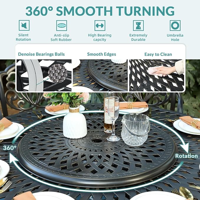 MEETWARM 9-Piece Outdoor Dining Set, All Weather Cast Aluminum Patio Table and Chairs Set with 8 Cushioned Chairs, 61" Round Patio Dining Table with Detachable Lazy Susan, 2" Umbrella Hole,Dark Bronze