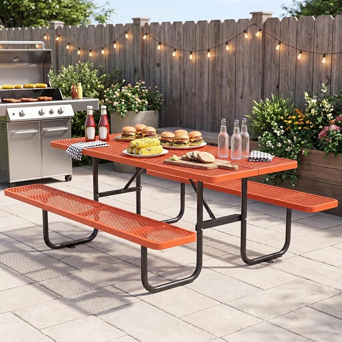 72" Outdoor Rectangular Picnic Table with Umbrella Hole, Heavy Duty Commercial Grade Steel Camping Table for Backyard Patio Deck, Weather-Resistant Orange Metal Mesh