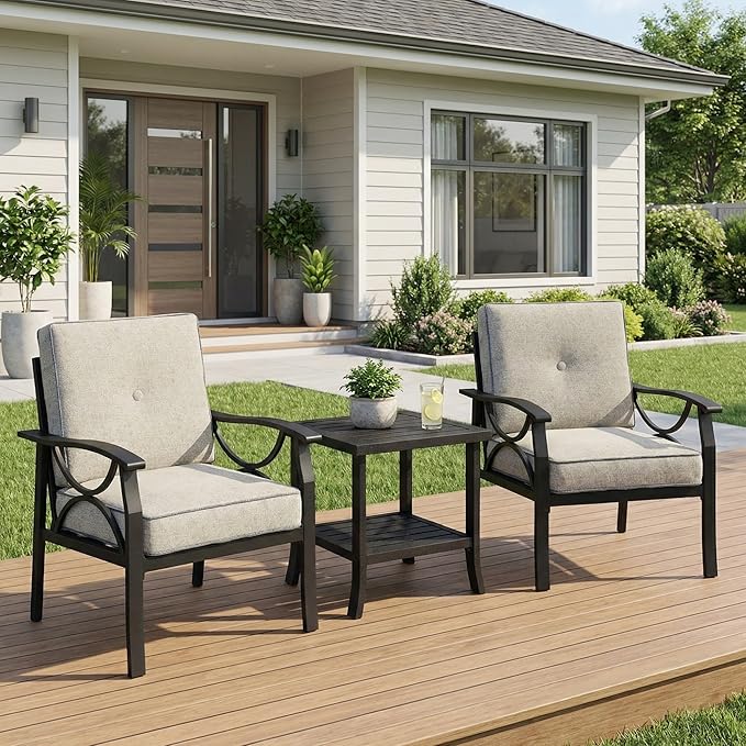 RoyalCraft Outdoor Patio Furniture Set, 3 Piece Patio Conversation Set, Metal Furniture Set for Porch Backyard,Khakiwith Gray Cushions,Black