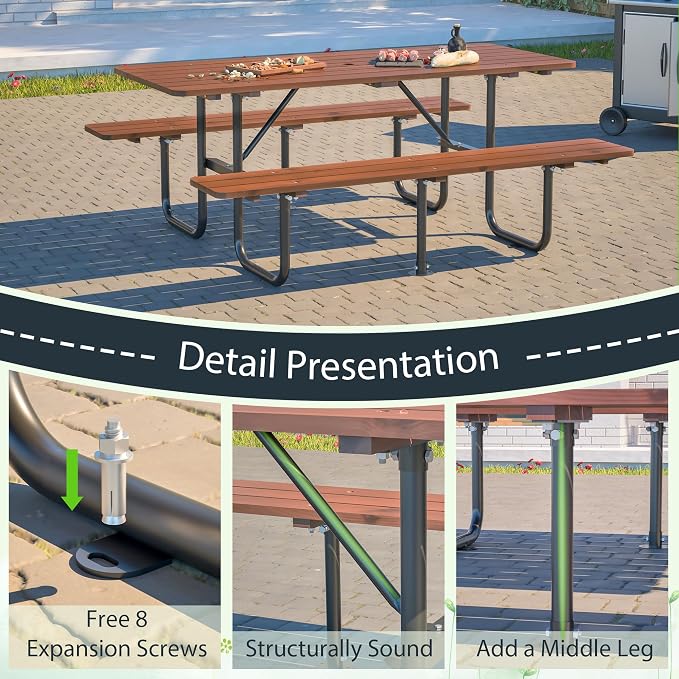 72" Rectangular Outdoor Picnic Table - 6 Person Brown Wooden Dining Set with Built-in Benches, Ideal for Garden BBQ & Courtyards