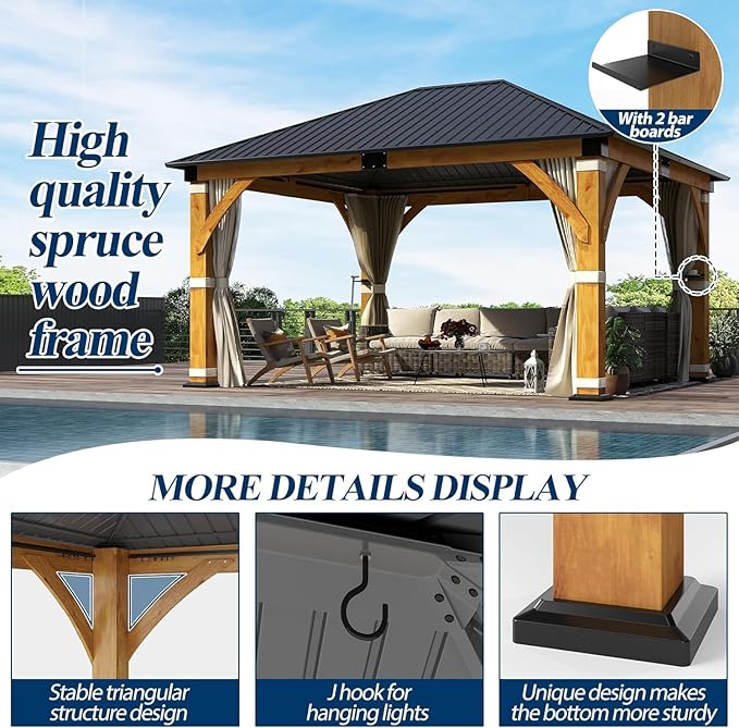 COVERONICS 13FT x 15FT Outdoor Spruce Wood Gazebo - Patio Wooden Frame Gazebo with Galvanized Steel Roof, Heavy-Duty Hardtop Gazebos with Netting & Curtains for Garden, Poolside, Deck, Backyard