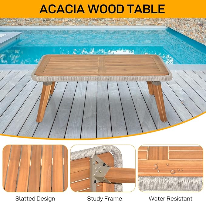 VINGLI 4 Pieces Outdoor Patio Furniture Set with Acacia Wood Table, Wicker Conversation Sofa Sets for Balcony, Porch or Backyard