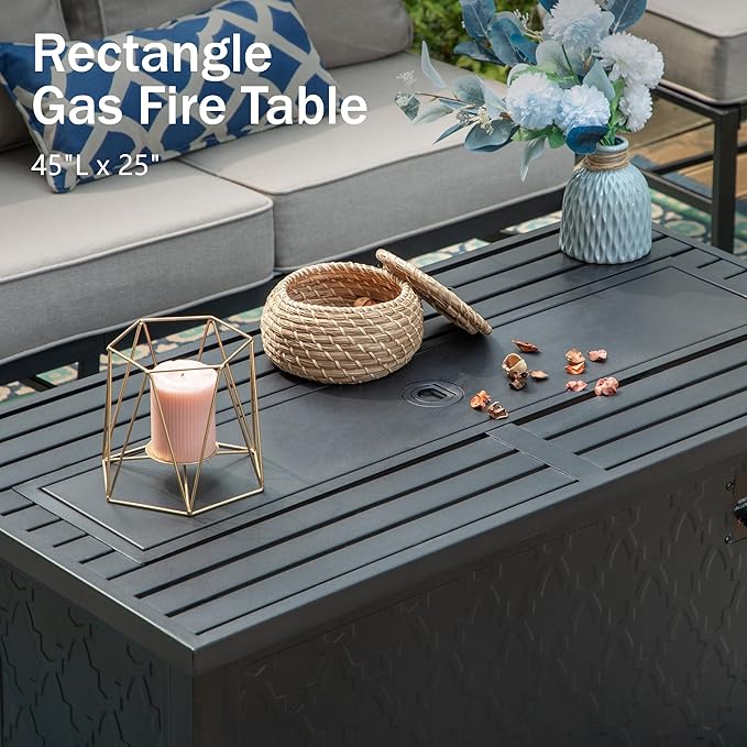 PHI VILLA 4 PCS Patio Furniture with FirePit Table, Outdoor Furniture Set with 1 x 45 Inch Metal Fire Table, 1 x 3 Seater Cushioned Deep Seating Bench & 2 x Motion Sofa Chairs